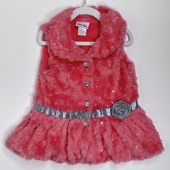 Little Lass Girls' Melon Pink Orange Faux Fur Vest Sparkle Buttons Rose Size 5 - Picture 1 of 5